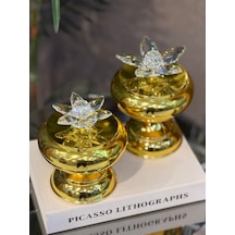 Chacha Home 2'li Metal Ayaklı Kristal Lotus Kapaklı Şekerlik Seti 18 Cm & 15 Cm Dekoratif Lokumluk Ve Ikramlık Kavanoz Gold