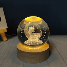 Dekoratif Ay İçinde Unicorn Tasarımlı Ahşap Altlıklı Işıklı Cam Küre Cam Büyük Boy 8 Cm Mz4-2312 Çok Renkli