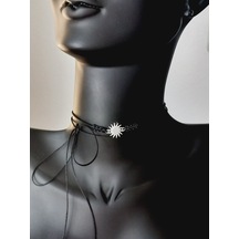 Gümüş Güneş Şans Çarkı Siyah İp Tasarım Kadın Choker Kolye