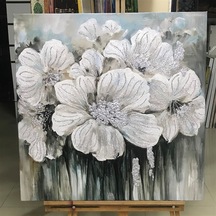 Gümüş Ve Beyaz Simli Modern Çiçek Kanvas Tablo