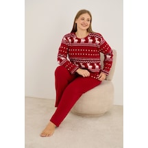 Siyah İnci Geyik Desenli Büyük Beden Polar Kışlık Örme Pijama Takım Bordo