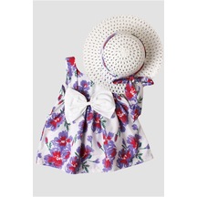 Şapkalı Çiçek Desenli Fiyonklu Kız Bebek Elbisesi-lila