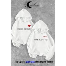 Nevermind Sevgili Çift Kombin Key To Yazı Baskılı Renk Kapüşonlu Sweatshirt Beyaz