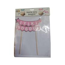 İyi Ki Doğdun Pasta Üstü Banner, Pembe Ve Altın Renk, 18x7 Cm Açık Bej
