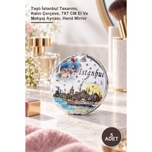 5 Adet El Aynası Taşlı İstanbul Tasarımı, Kalın Çerçeve, 7x7 Cm El Ve Makyaj Aynası, Hand Mirror Sarı