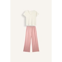 Defacto Regular Fit V Yaka Kısa Kollu Üst Çizgili Geniş Kesim Alt 2li Pijama Takım I5556ax26aubr478 Bordo-br478