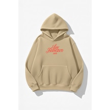 Uyguntarz Unisex Yumuşak Dokulu San Francisco Baskılı Tasarım Oversize 3 İplik Hoodie Sweatshirt Bej