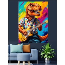Ahşap Tablo Gitar Çalan Renkli Dinozor