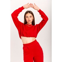 Kaktüs Moda Şardonlu 3 İplik Kumaş Uzun Kol Kadın Sweatshirt Kırm