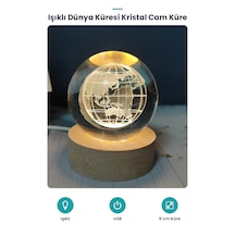 Işıklı Kristal Cam Küre - Dünya Haritalı - Ahşap Altlıklı - Usb Gece Lambası Standart