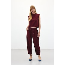 Sateen Şalvar Kesim Pantolon - Bordo-136447 Bordo
