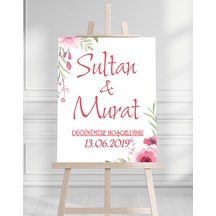 Söz Nişan Düğün İçin 50x70 Karşılama Panosu - Pembe Ren Çiçek Temalı Beyaz