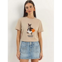 Shade Kadın Rabbit Nakışlı İşlemeli Bisiklet Yaka Basic T-shirt 7532 60283953 - Bej