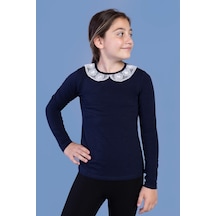 Toontoy Kids Toontoy Kız Çocuk Önü Dantelli Okul Tişört 16653 Lacivert