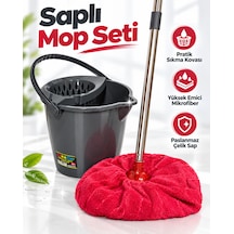 Temizlik Mop Seti - Yuvarlak Mop Ve Su Kovası Sıkma Hazneli 12 Lt Ve Saplı Havlu Mop Seti-gri Kova