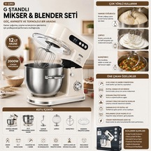 Standlı Mikser - Blender Seti Hamur Yoğurucu - Çırpıcı - Karıştırıcı 8kadem. Hız Ayar 12lt Hazne 2000w Smx-2779 Bx40 Renkli