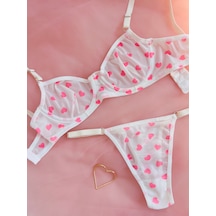 Arinda Lovely Pembe Kalp Desenli Tül Balenli Balenli Kapsız Nefes Alabilen Rahat Sütyen Tanga Alt Üst İç Çamaşırı Takımı 2 Parça Pembe - Ekru