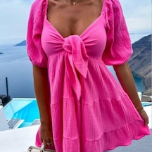 Yaz Kadın Elbisesi Moda Peplum Bağlamalı V Yaka Kısa Kollu Elbiseler Gül Kırmızısı Yaz Kadın Elbisesi Moda Peplum Bağlamalı V Yaka Kısa Kollu Elbiseler Gül Kırmızısı