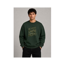 Herkesemoda Hero Baskı Detaylı Bisiklet Yaka Şardonlu 2 İplik Sweatshirt Yeşil