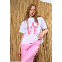 Kadın Beyaz-Pembe Love Baskılı Oversize %100 Pamuk T-Shirt