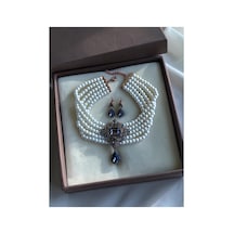 Baget Ve Su Damlası İnci Choker Tasma Kolye Ve Küpe Seti Beyaz