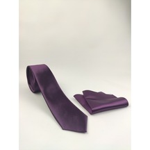 Demfashion Saten Parlak Slim Kravat Mendil Seti Mor (538523800) Mor