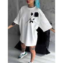 Wear Vexel Kadın Bisiklet Yaka Baskılı Oversize Kısa Kol T-shirt - Beyaz Çok Renkli