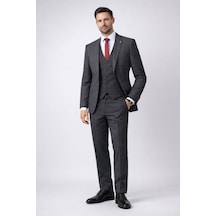 Fabio Cassel Slim Fit Mono Yaka Çift Yırtmaçlı Astarlı Takım Elbise Yelekli Füme
