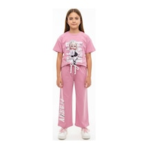 Toontoy Kids Toontoy Kız Çocuk 2'li Eşofman Takım Bisiklet Yaka Kısa Kollu Baskılı Tişört - Beli Lastikli Bağlamalı Cepli Baskılı Bol Paça Eşofman Altı 25021 Gülkurusu