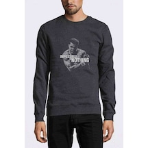 Muhammed Ali Typography Baskılı Füme Erkek Örme Sweatshirt