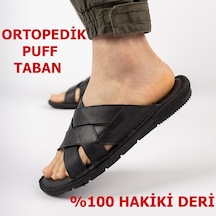 Ayakkabiburada 034 Günlük Tam Ortopedik Hakiki Deri Erkek Terlik Puff Taban Siyah