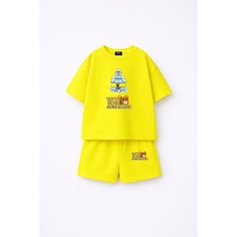 Fasardi Super Bear Adventure Süper Ayı Baskılı Oversize %100 Pamuk Kısa Kollu Unisex Çocuk T-shirt Sarı
