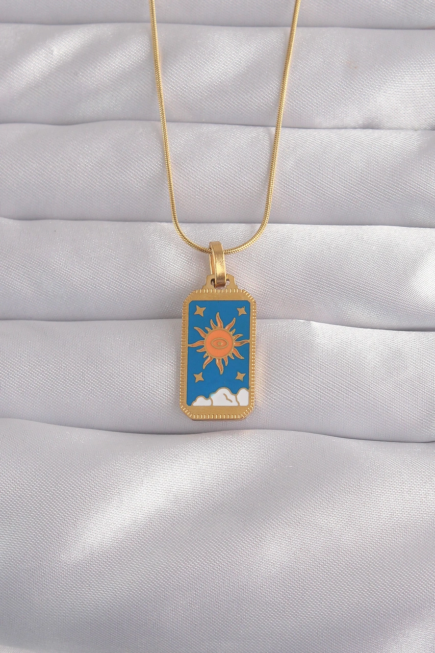 316l Çelik Gold Renk Mavi Mineli Güneş Model Tarot Kolye Açık Mavi