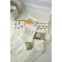 Hitit Socks Kadın 5 Çift Premium Kalite Yeşil Çiçek Desenli Soket Çorap Yeşil - Beyaz