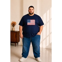 Sngl Tekstil Erkek Büyük Beden Kısa Kollu Amerika Bayrak Baskılı Tişört 3xl 4xl 5xl 6xl 7xl 8xl 9xl Lacivert