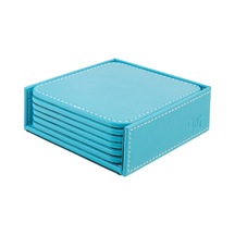 Bardak Altlığı,6 Lı Set,masaüstü Kare Cup Coaster,vegan Suni Deri,11x11 Cm.,turkuaz