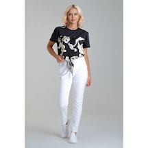 Kadın Bağlamalı Baskılı Viskon Kombinli Likralı Örme Kumaş Sıfır Yaka Tshirt Ekru - Siyah