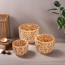 3'lü El Yapımı Doğal Hasır Yuvarlak Saksı Seti, Hasır El Yapımı Yuvarlak Örgü Saksı 3'lü Set, Rattan Saksı Seti, 22cm 15cm-18cm 13cm-14cm 11cm 001