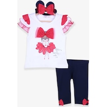 Breeze Kız Bebek Tayt Takım Balerin Baskılı Bandanalı Beyaz (6 Ay-2 Yaş)