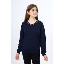 Toontoy Kız Çocuk Regular Fit V Yaka Düşük Omuz Baskılı Sweatshirt - 2 İplik Lacivert
