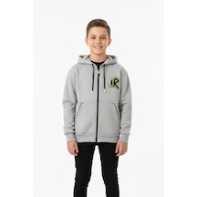 Kapüşonlu Fermuarlı Yandan Cepli Baskılı %100 Pamuk 2 İplik Mevsimlik Erkek Çocuk Sweatshirt-90937 Gri