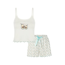 Kadın İnce Askılı Baby Overloklu Avokado Desenli Crop Top Şortlu Pijama Takımı Ko7200ş-2 Çok Renkli