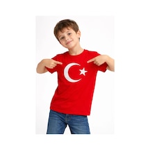 Barlashive Erkek Çocuk Tişört Bisiklet Yaka Ay Yıldız Bayrak Baskılı T-shirt - Kırmızı Çok Renkli