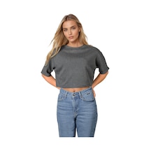 Gri Bisiklet Yaka Rahat Kalıp Yarasa Kol Penye Kadın Crop T-shirt Gri