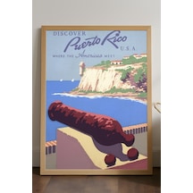 Puerto Rico Doğal Ahşap Çerçeveli Poster, Dekoratif Seyahat Duvar Tablosu