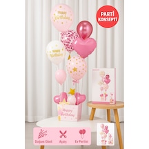 Pembe Doğum Günü Balon Kutusu Happy Birthday Konsept Parti Süsleri Masa Üstü Stand