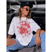 Startmore Unisex Bay Ejderha Baskılı Düşük Omuz Kısa Kollu Tişört Kod-1349 Beyaz