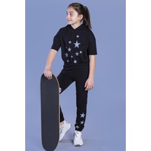 Toontoy Kız Çocuk 2'li Takım Baskılı Kısa Kollu Kapüşonlu Sweatshirt & Beli Paçası Lastikli Cepli Jogger Eşofman Altı - 2 İplik Siyah
