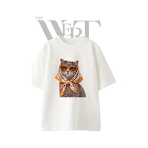 Thewert Babushka Kedi 1 Tasarım Baskılı Ünisex Beyaz Oversize T-shirt