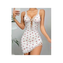 Lily Bianca Nightwear Çiçek Desenli Etek Kısmı Oval Dekolteli Ve Dantel Detaylı Penye Gecelik Beyaz